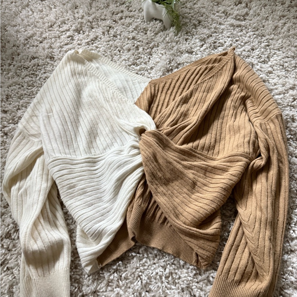 Cream and tan cropped knit colorblock cute winter top